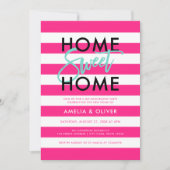 シックなピンク&ホワイトストライプ引っ越し祝いパーティーブラックパーティー 招待状 (正面)