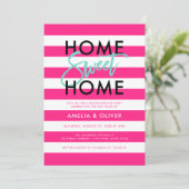 シックなピンク&ホワイトストライプ引っ越し祝いパーティーブラックパーティー 招待状 (スタンド正面)