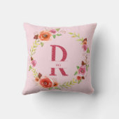 シックなピンク、赤いおよびオレンジ水彩画の花のリース クッション (裏面)