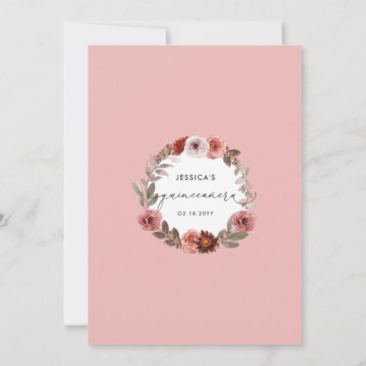 シックなピンク、赤面とブルゴーニュフローラクインセアニラ 招待状 (裏面)