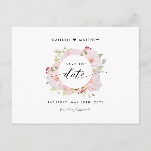 シックなピンク、赤面、バラ金ゴールド結婚式の日付を保存 ポストカード (正面)