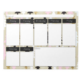 シックなピンク&金ゴールドツリーパターンウィークリーメモ帳 ノートパッド