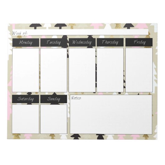 シックなピンク&金ゴールドツリーパターンウィークリーメモ帳 ノートパッド (正面)