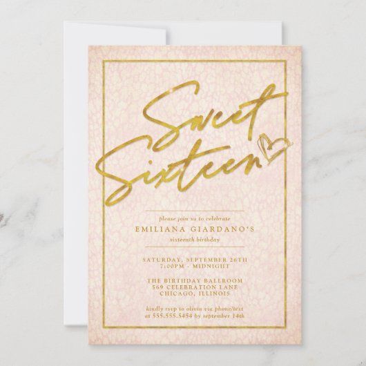 シックなピンク&金ゴールドヒョウ甘い16パーティー 招待状 (正面)