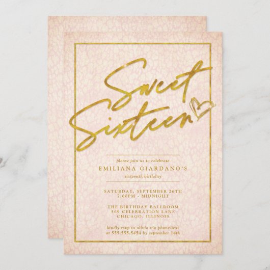 シックなピンク&金ゴールドヒョウ甘い16パーティー 招待状 (正面/裏面)