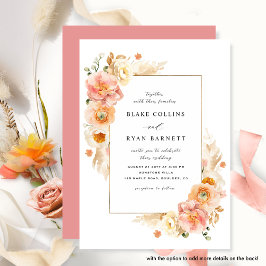 シックなピーチアンドコーラルピンクデリケートフローラ結婚ズ 招待状