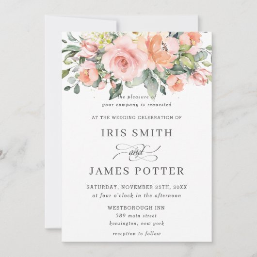 シックなピーチオレンジピンクフローラグリーン結婚リーズ 招待状 (正面)