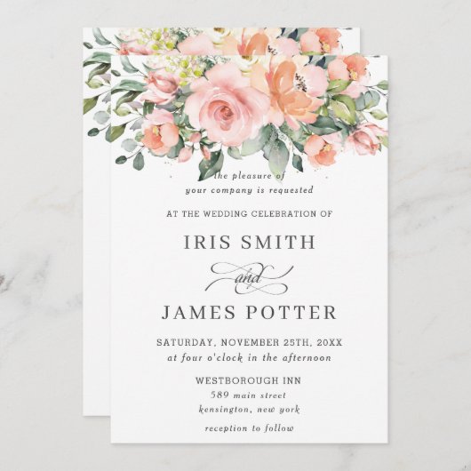 シックなピーチオレンジピンクフローラグリーン結婚リーズ 招待状 (正面/裏面)