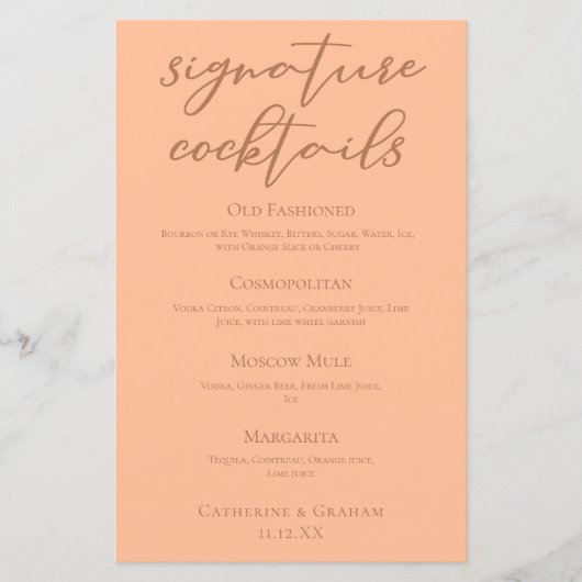 シックなピーチサマー結婚ズのシグネチャーカクテルメニュー (正面)