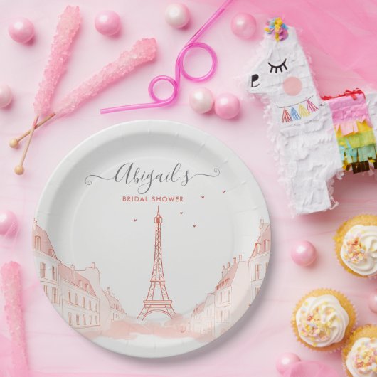 シックなピーチピンクフォトエッフェルタワーブライダルシャワー ペーパープレート (パーティー)