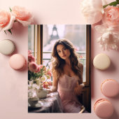 シックなピーチピンクフォトエッフェルタワーブライダルシャワー 招待状