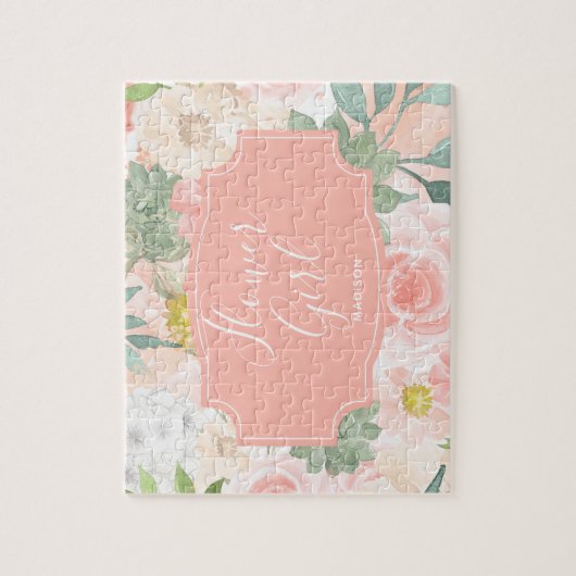 シックなピーチミントウオーターカラーフローラフラワーガール ジグソーパズル (縦)