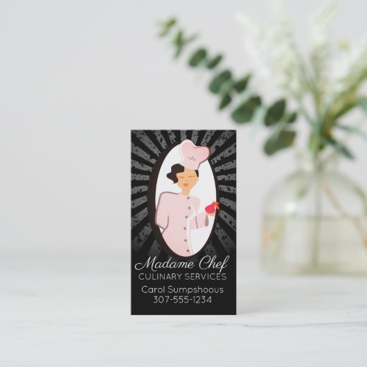 シックなファッションの女性のシェフのケイタリングビジネスカード 名刺 (スタンド正面)