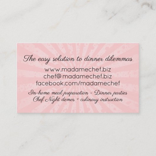 シックなファッションの女性のシェフのケイタリングビジネスカード 名刺 (裏面)