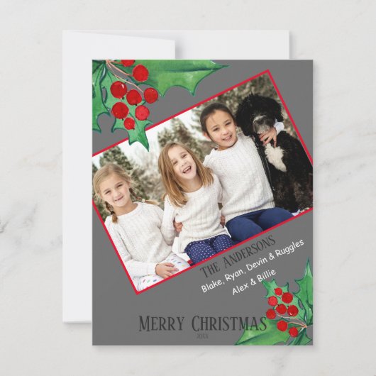 シックなファミリーフォトウォーターカラークリスマスホリー シーズンカード (正面)
