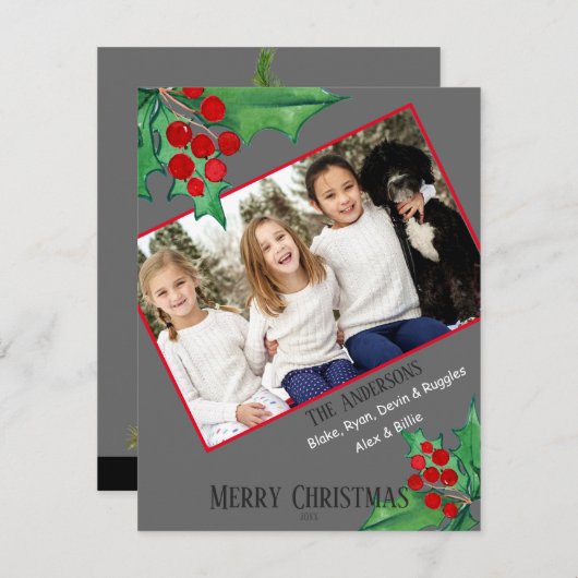 シックなファミリーフォトウォーターカラークリスマスホリー シーズンカード (正面/裏面)