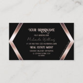 シックなファンシーバラ金ゴールドとロゴを使用した黒い幾何学的 名刺 (裏面)
