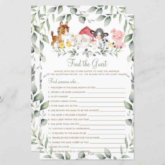 シックなファーム動物の緑のゲストゲームを見つける (正面/裏面)