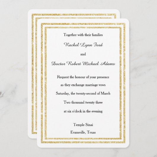 シックなフェイク金ゴールドグリッタートリム – 5x7ウェディング招待 招待状 (正面/裏面)