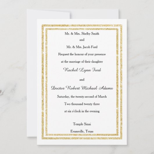 シックなフェイク金ゴールドグリッタートリム – 5x7ウェディング招待 招待状 (正面)