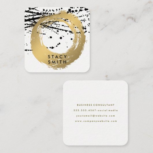 シックなフェイク金ゴールド |インク芸術的スパッタ スクエア名刺 (正面/裏面)