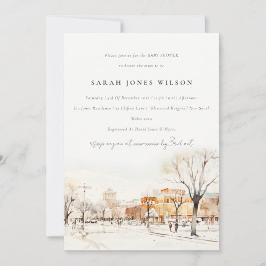 シックなフォゴノースダコタシティスケープ赤ちゃんシャワー 招待状 (正面)