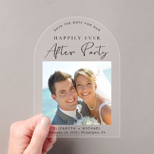 シックなフォトウェディングレセプション日付を保存 アクリル招待状 (インサイチュ (ポータブル))