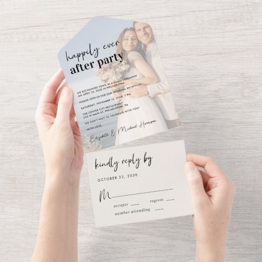 シックなフォトクリームウェディングレセプション オールインワン招待状 (貼ってはがせる)
