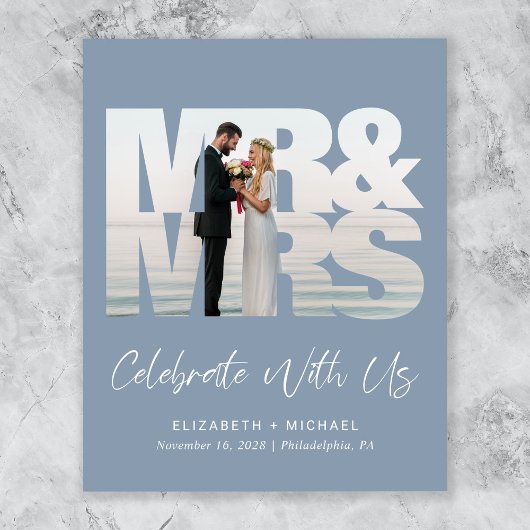 シックなフォトダスティブルーウェディングレセプション招待状