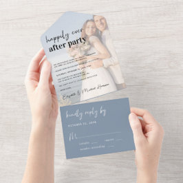 シックなフォトダスティブルーウェディングレセプション オールインワン招待状