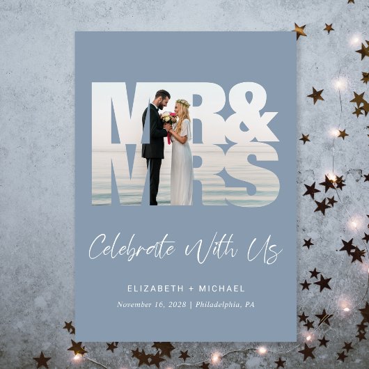 シックなフォトダスティブルーウェディングレセプション 招待状