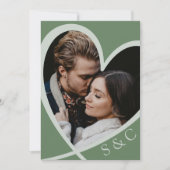 シックなフォトハートセージ結婚グリーン 招待状 (正面)