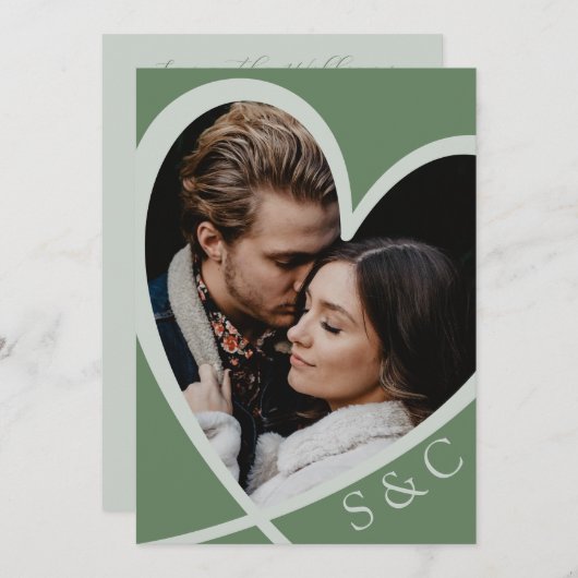 シックなフォトハートセージ結婚グリーン 招待状 (正面/裏面)