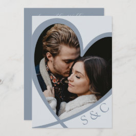 シックなフォトハートダスティブルー結婚ズ 招待状