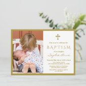 シックなフォトボーイ金ゴールドクロスバプテスマ 招待状 (スタンド正面)