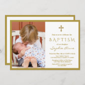 シックなフォトボーイ金ゴールドクロスバプテスマ 招待状 (正面/裏面)