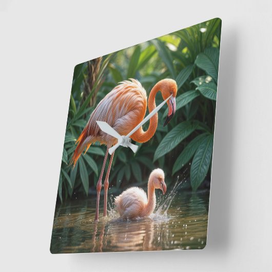 シックなフラミンゴのお母さん スクエア壁時計 (傾斜)