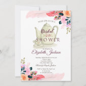 シックなフラワーズフェザーティーポットブライダルシャワー 招待状 (正面)