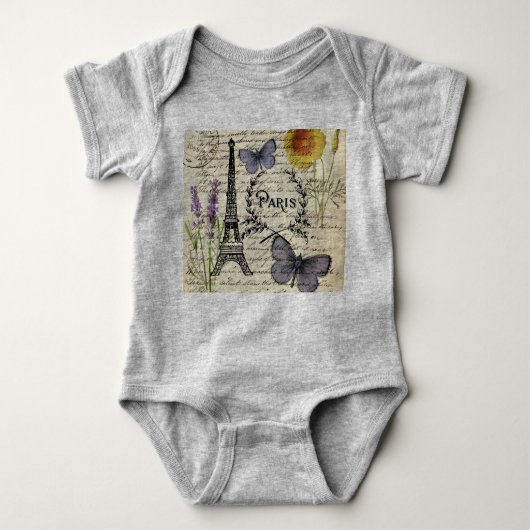 シックなフランスの蝶のスクリプトparisエッフェルタワー ベビーボディスーツ (正面)