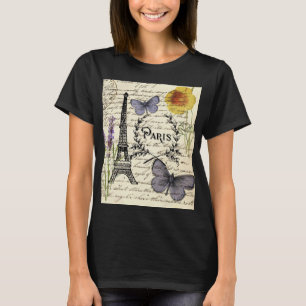 シックなフランスの蝶のスクリプトparisエッフェルタワー tシャツ