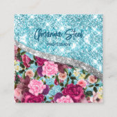 シックなフローラきらびやかなアクアパープルシルバーモノグラム スクエア名刺 (正面)