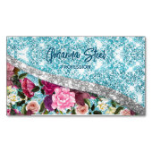 シックなフローラきらびやかなアクアパープルシルバーモノグラム マグネット名刺 (正面)