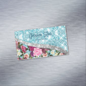 シックなフローラきらびやかなアクアパープルシルバーモノグラム マグネット名刺 (インサイチュ)