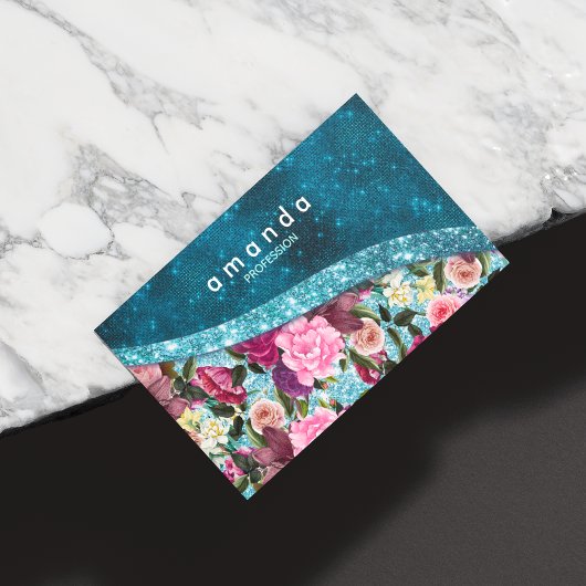 シックなフローラアクアブルーブルゴーニュグリッターモノグラム マグネット名刺