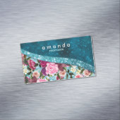 シックなフローラアクアブルーブルゴーニュグリッターモノグラム マグネット名刺 (インサイチュ)