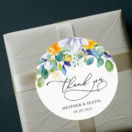 シックなフローライエロー結婚ブルーのモノグラム感謝していユー ラウンドシール