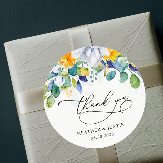 シックなフローライエロー結婚ブルーのモノグラム感謝していユー ラウンドシール