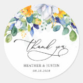 シックなフローライエロー結婚ブルーのモノグラム感謝していユー ラウンドシール (正面)