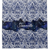 シックなフローラキラキラのネイビーブルーシルバーモノグラム シャワーカーテン (正面)