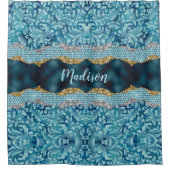 シックなフローラキラキラティール(緑がかった色)ターコイズ金ゴールドモノグラム シャワーカーテン (正面)